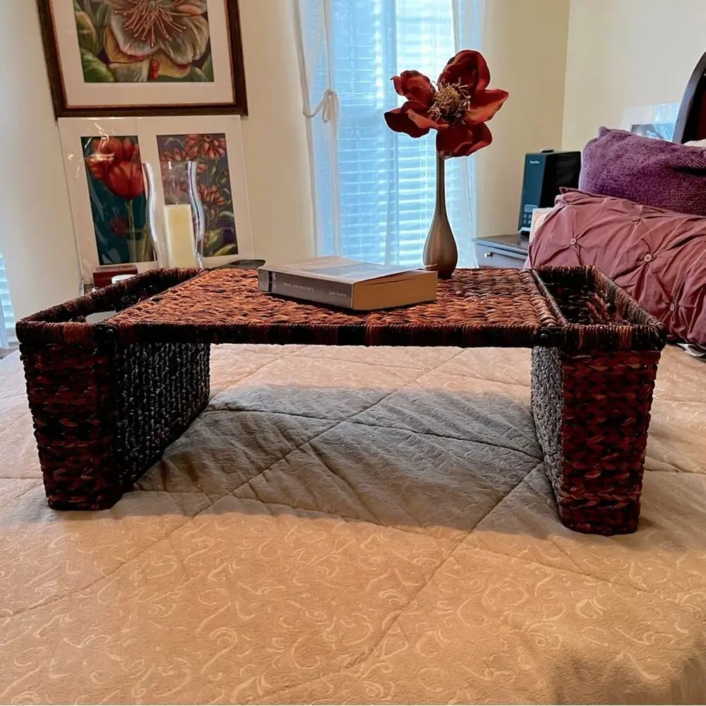 NEW Pottery Barn Rattan Wicker Metal Folding Side Table Tea Brunch Bed Table T…